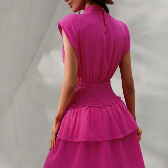 Mock Neck Shirred Waist Layered Hem Mini Dress Pink - Picture 7 of 8